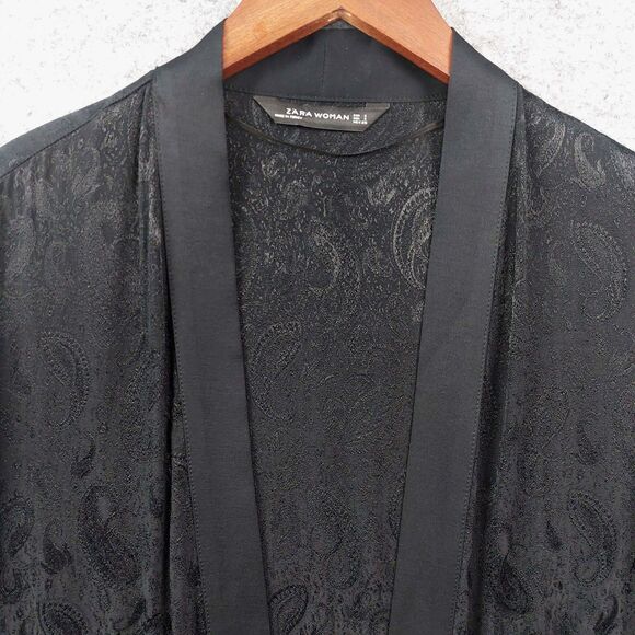 Zara Black Label Kimono Jacket Small Black Paisley Fringe Boho Lightweight - Picture 3 of 9
